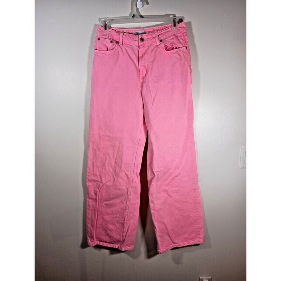 Zara Boogie Neon Pink Womens Denim Wide Leg Hippie Barbie Acid Wash Jeans Size 8 - Picture 1 of 4